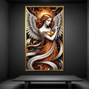 Fiery Angel Woman Canvas Painting – Fantasy Angelic Wall Art with Wings, Ready to Hang, Spiritual Gift, Mystical Orange Decor