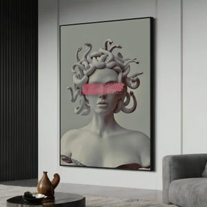 Minimalist Medusa Canvas Painting with Pink Brushstroke - Modern Mythology Art for Home Décor, Unique and Stylish Gift for Art Lovers
