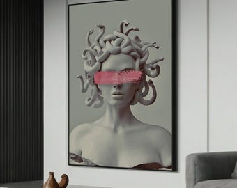 Minimalist Medusa Canvas Painting with Pink Brushstroke - Modern Mythology Art for Home Décor, Unique and Stylish Gift for Art Lovers