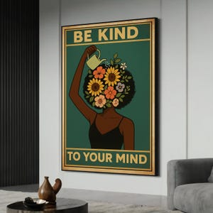 Floral Head Self-Care Canvas Painting – Ready to Hang Inspirational Gift, Retro Mental Health Wall Art for Wellness Lovers