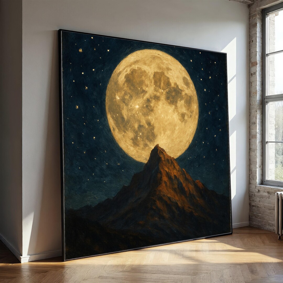 Full Moon Night Canvas, Majestic Mountain Scene, Starry Sky Wall Art ...