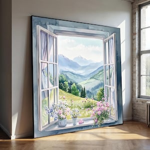 Pastel Mountain View Canvas Painting - Ready to Hang Bedroom Wall Art, Serene Window Scene, Floral Nature Gift for Peaceful Interiors