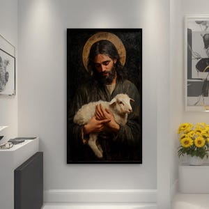May include: A painting of a man with a halo holding a white lamb in his arms. The man is wearing a dark robe and has a beard. The background is dark and the painting has a vintage feel.