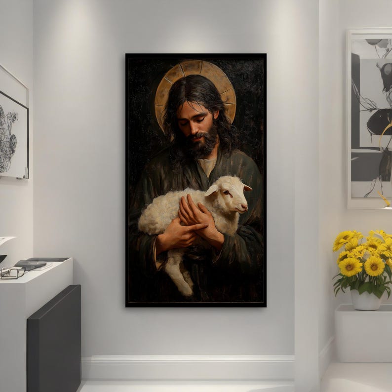 May include: A painting of a man with a halo holding a white lamb in his arms. The man is wearing a dark robe and has a beard. The background is dark and the painting has a vintage feel.