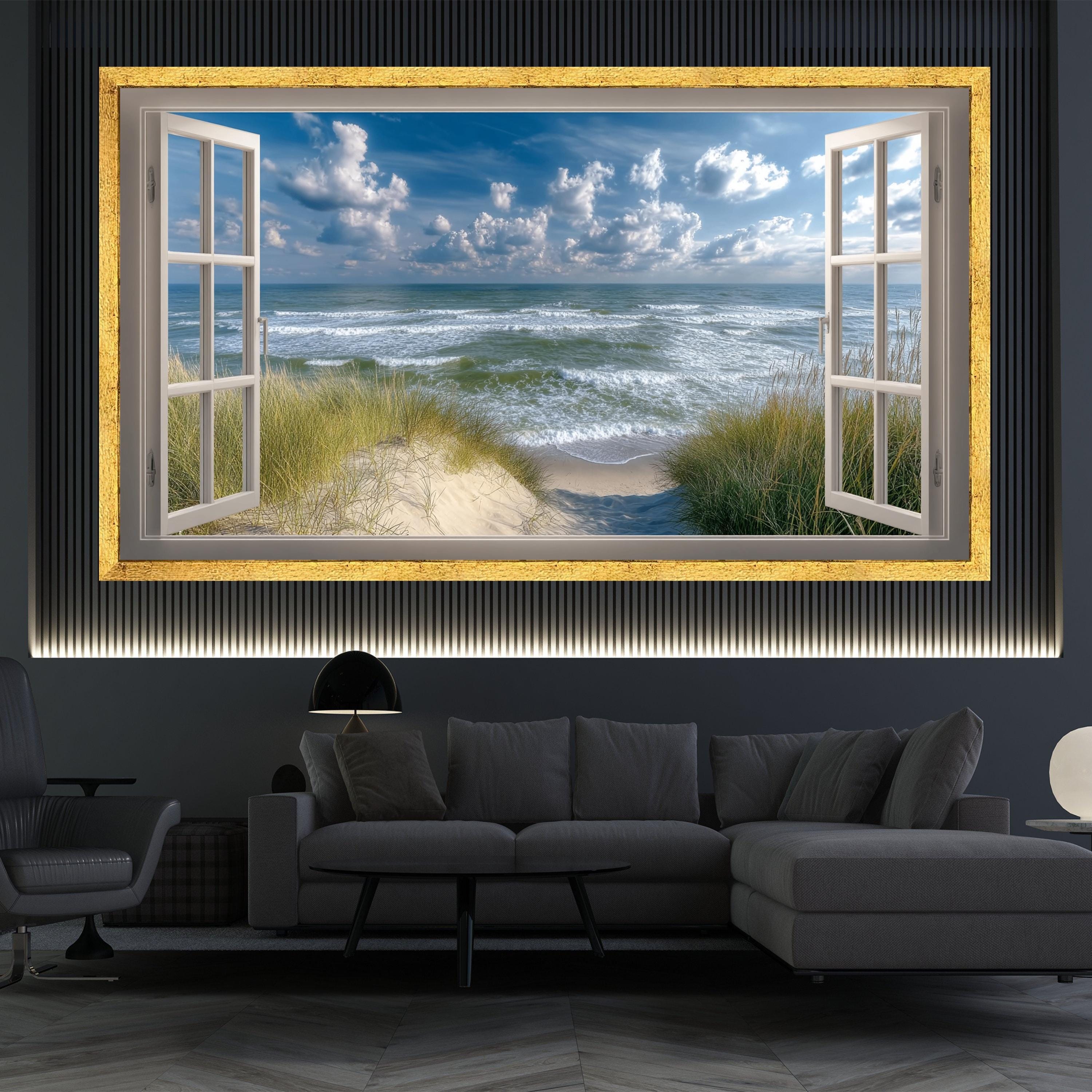 Ocean View Through Open Window Canvas, Coastal Beach Scene Wall Art ...