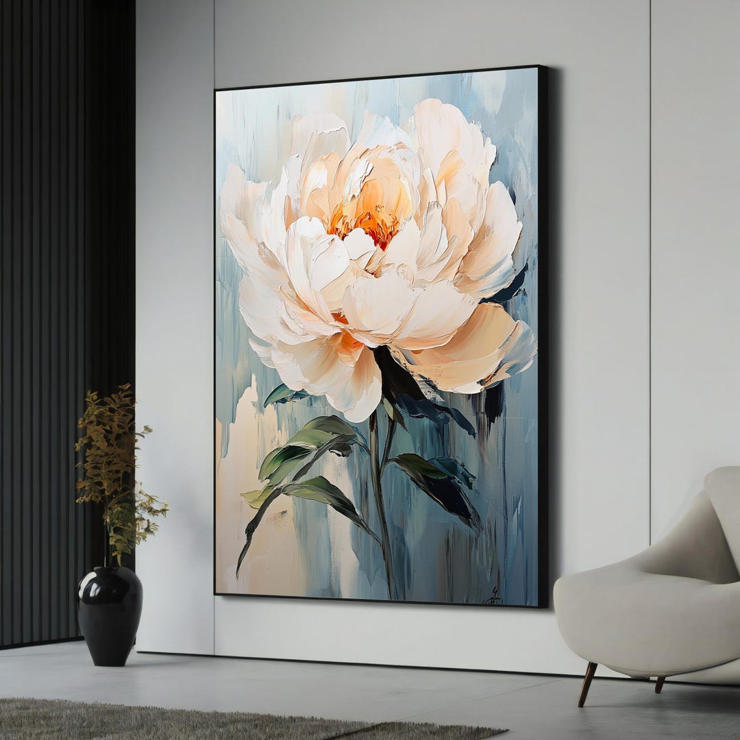 Modern Peach Peony Canvas Painting | Large Abstract Floral Artwork Gift ...