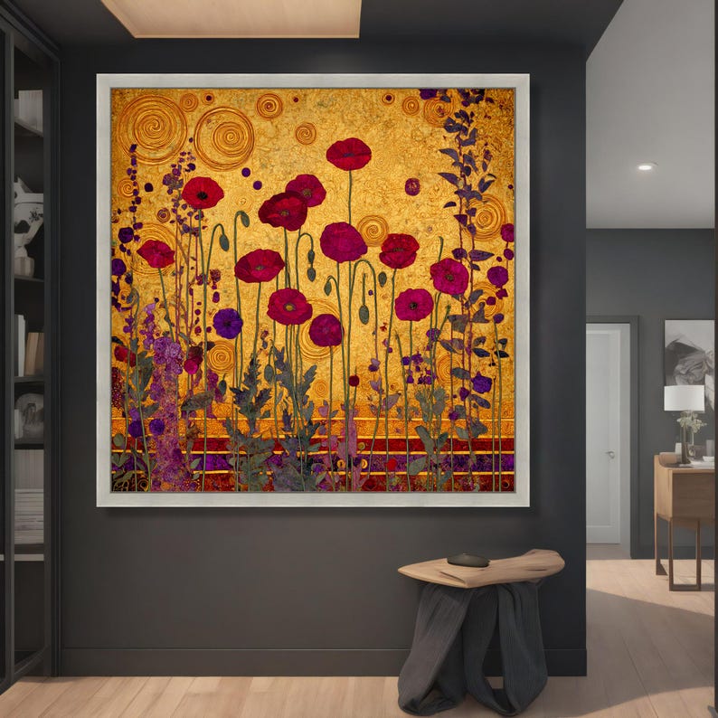 Gustav Klimt Floral Canvas Wall Art, Red Poppies and Gold Swirls ...