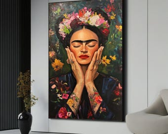 Frida Kahlo-Inspired Floral Portrait - Bold and Vibrant Canvas Painting Gift Celebrating Feminine Strength and Iconic Art