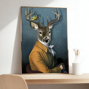 Pintura de veado em terno, impressão de arte em estilo vintage, arte animal, impressão em tela, decoração de parede