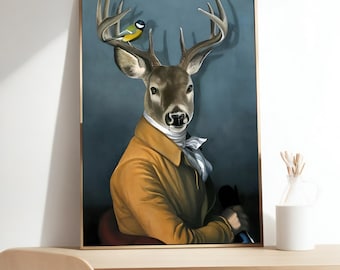 Deer in Suit Painting, Vintage Style Art Print, Animal Artwork, Canvas Print, Wall Decor