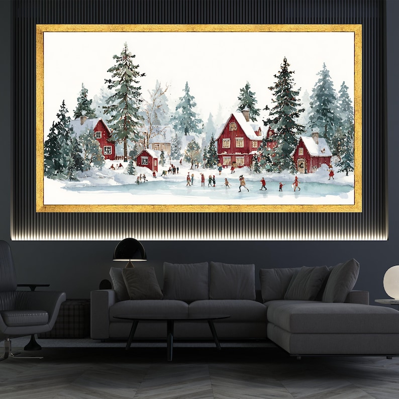 Winter Village Scene Canvas, Red Cottage Wall Art, Snowy Landscape ...