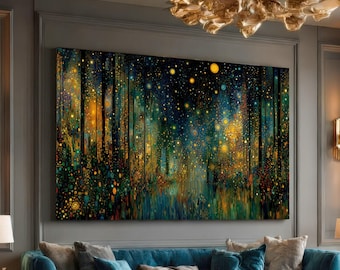 Gustav Klimt Starry Night Forest Canvas, Abstract Nature Wall Art, Illuminated Trees Canvas Print, Modern Home Decoration