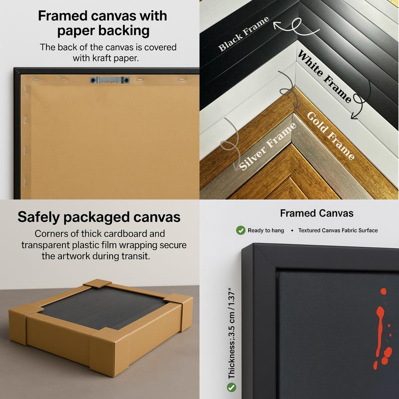May include: A framed canvas with a black frame, showcasing the back with kraft paper and a packaged canvas with cardboard corners. The image highlights different frame styles: black, white, gold, and silver. The canvas is 3.5 cm/1.37" thick.