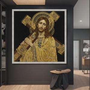 Gustav Klimt Jesus Carrying Cross Canvas, Spiritual Sacred Art Print, Religious Home Decor, Gold Pattern Wall Art, Christian Canvas image 3