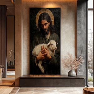 May include: A painting of a man holding a white lamb in his arms. The man has long brown hair and a beard. He is wearing a dark robe. The painting is set against a dark background.