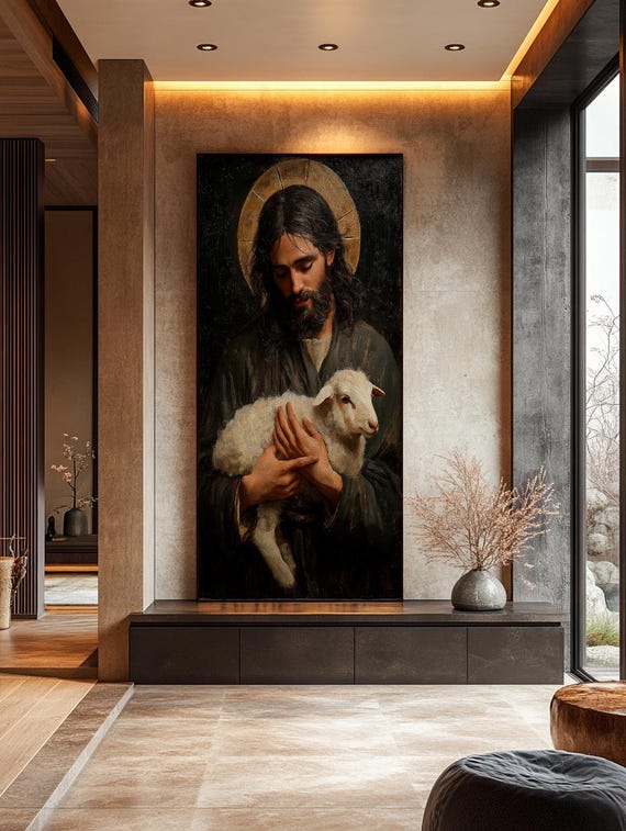 Jesus the Good Shepherd Canvas Painting, Christian Wall Art, Religious Home Decor, Faith-Based Artwork, Savior with Lamb Print, Canvas Gift