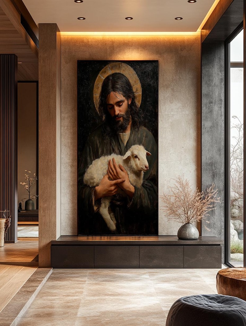 May include: A painting of a man holding a white lamb in his arms. The man has long brown hair and a beard. He is wearing a dark robe. The painting is set against a dark background.