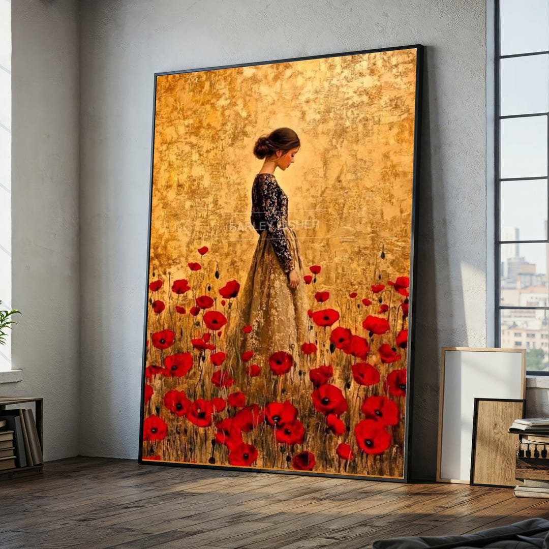 Elegant Woman in Field of Red Poppies Canvas, Gustav Klimt Art, Floral ...