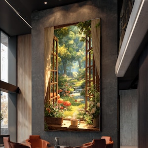 May include: A large rectangular wall art print depicting an open window view of a sunlit forest path. The scene features a steaming mug on a wooden sill, red mushrooms, green foliage, and light-colored curtains framing the outdoor woodland landscape.