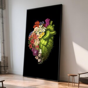 Kaktus Herz mit Blumen Leinwand Gemälde - fertig zum Aufhängen Geschenk für Schlafzimmer - mutige botanische Wandkunst für moderne Innenräume