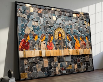 May include: A mosaic artwork depicting the Last Supper, framed in black. The mosaic features figures with orange, red, and beige clothing, set against a backdrop of blue, gray, and gold stone tiles. The central figure has a golden halo.