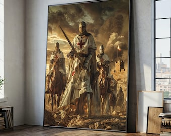 Medieval Knights Templar Canvas Wall Art, Crusader Warrior Canvas, Historic Battle Scene, Castle Background Canvas Decoration, Armor and