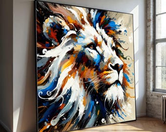 May include: Large square canvas art featuring a colorful lion's head in profile. The artwork uses bold brushstrokes of white, blue, orange, and black. The lion's mane is predominantly white, with detailed eyes and a focused gaze. The canvas is framed in black.