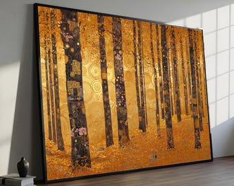 Lienzo decorativo de Gustav Klimt con bosque otoñal, troncos dorados, naturaleza abstracta, obra de arte moderna, listo para colgar.