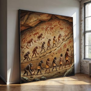 May include: A large framed print illustrating human evolution. The image shows a sequence of hominids, evolving from ape-like forms to early humans, climbing a rocky incline. Cave paintings of animals and symbols are in the background.