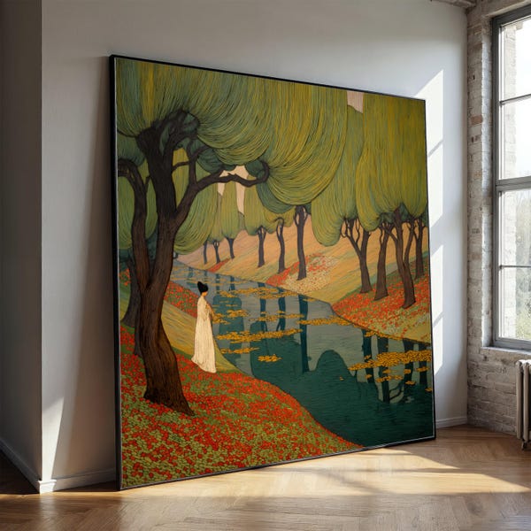 Serene Forest Stream Canvas, Tranquil Woodland Scene, Woman Near River Canvas, Nature Landscape Wall Art, Floral Meadow Decoration