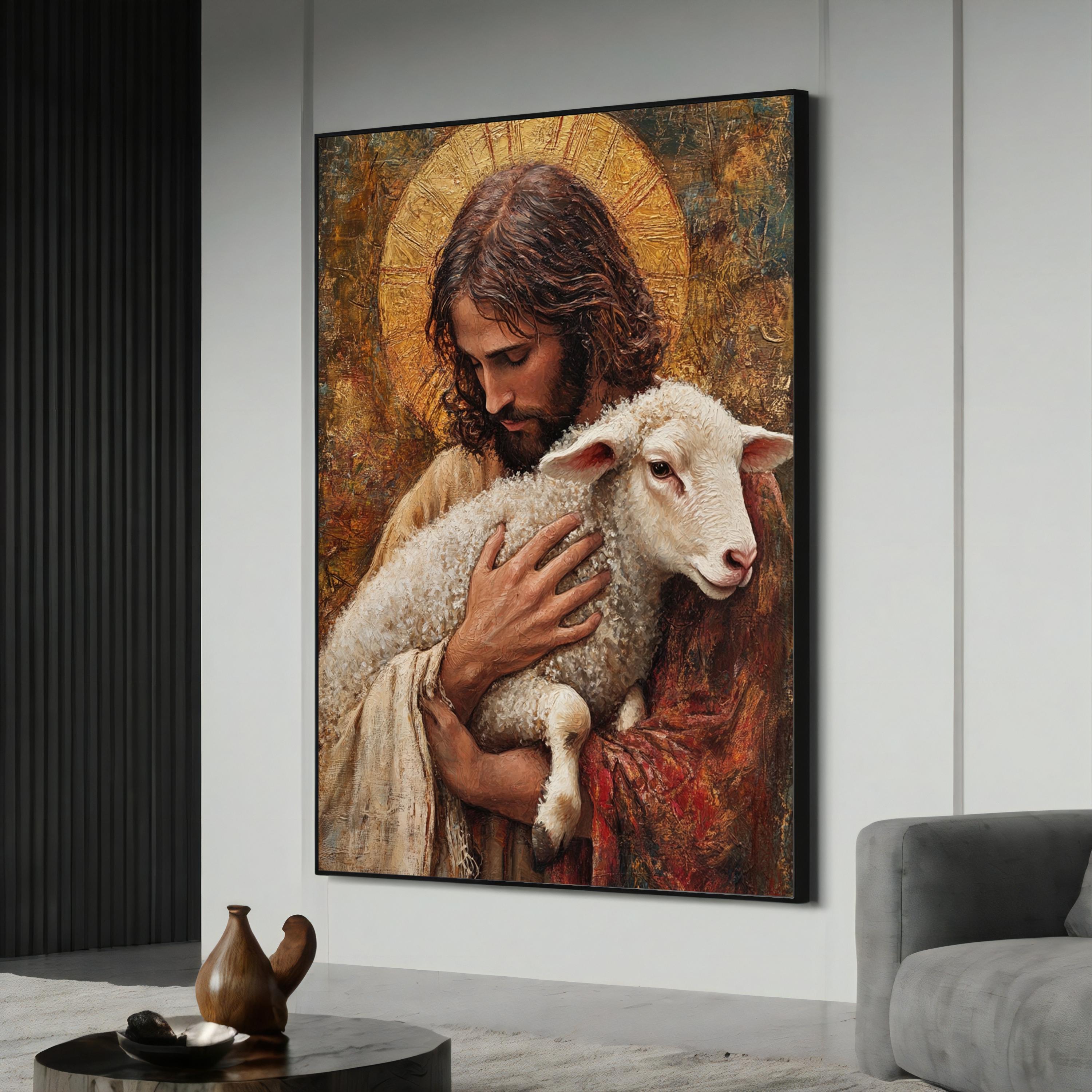 Jesus Good Shepherd Canvas Painting, Christian Wall Art, Religious Home Decor, Jesus Christ with Lamb, Faith Gift, Spiritual Artwork