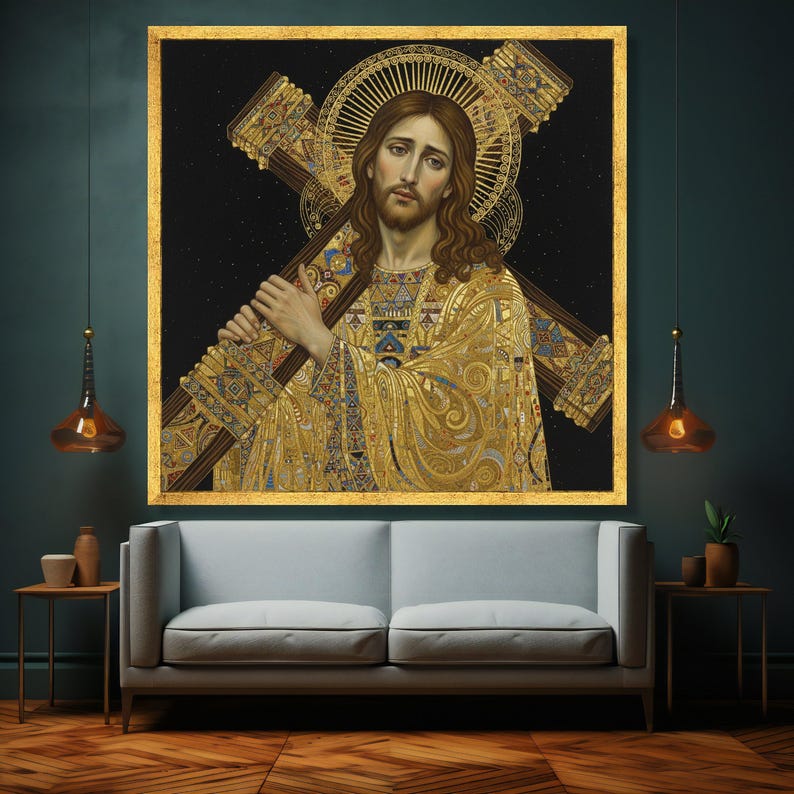 Gustav Klimt Jesus Carrying Cross Canvas, Spiritual Sacred Art Print, Religious Home Decor, Gold Pattern Wall Art, Christian Canvas image 2