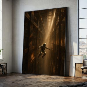May include: A large framed art print depicts an astronaut floating in a vast, dark, wooden structure. A beam of light shines down on the astronaut. The artwork has a surreal, sci-fi theme, with warm brown and gold tones dominating the scene.