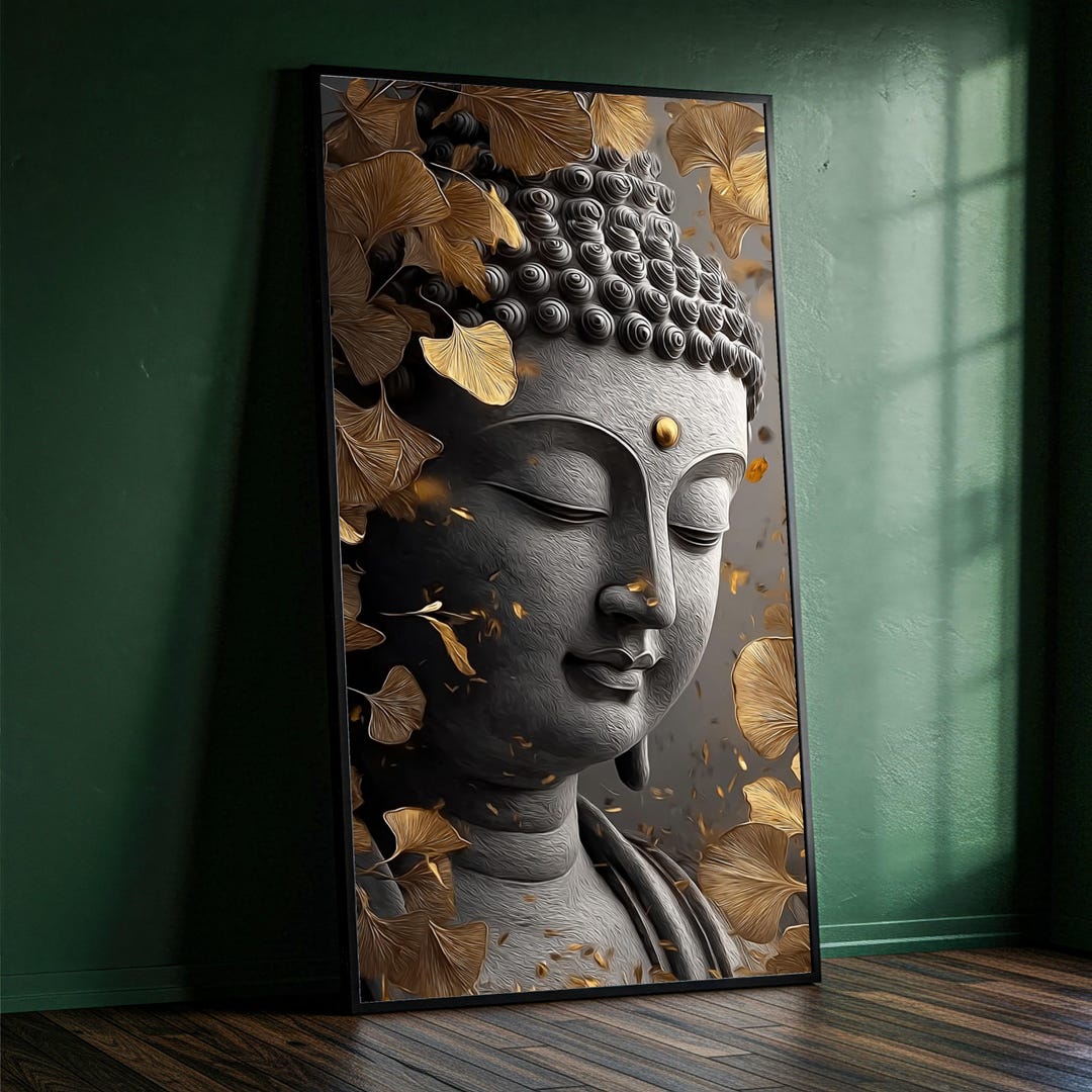 Tranquil Buddha Face Canvas Wall Art, Golden Ginkgo Leaves, Spiritual ...