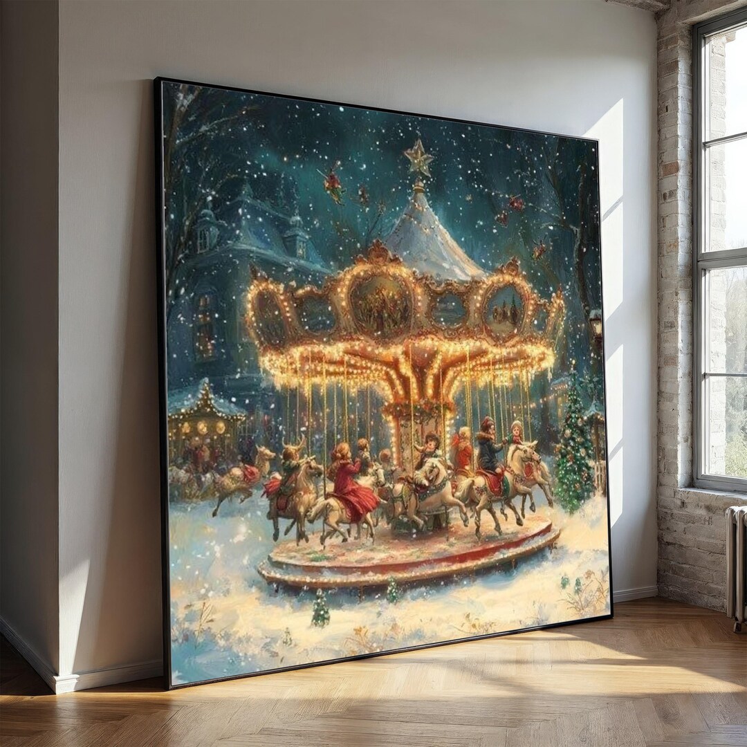 Winter Carousel Scene Canvas, Christmas Holiday Wall Art, Festive Snowy ...