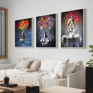 Balloon Banksy Graffiti Art Set, Colorful Canvas Wall Art, Children's Bedroom Decor, Set of 3 Canvas