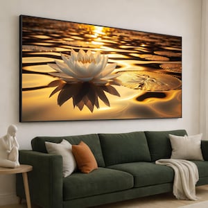 Tela con ninfee al tramonto dorato, sereno riflesso di uno stagno, arte murale con natura tranquilla, decorazione floreale per la casa, tela con scena d'acqua pacifica