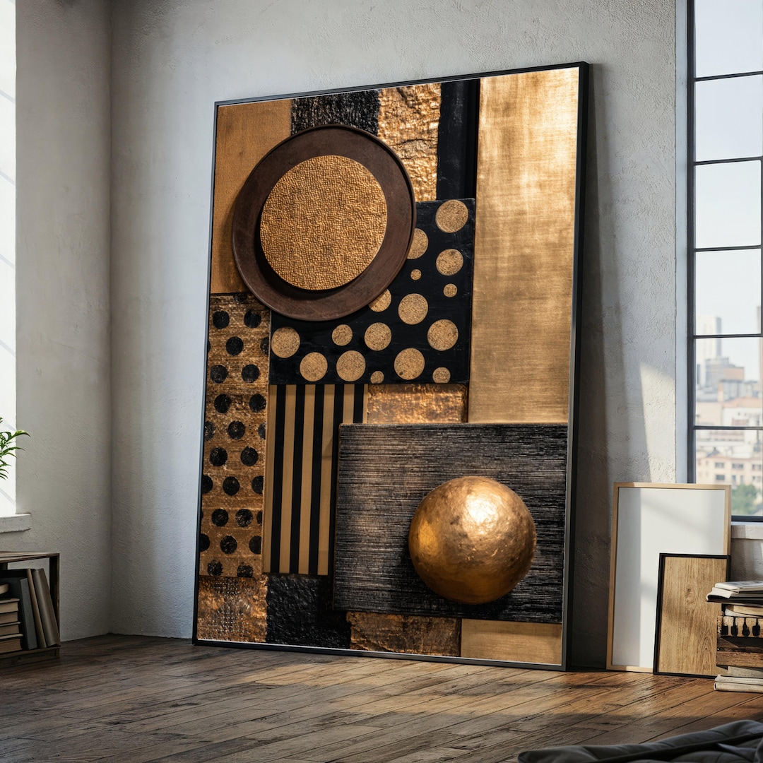 Modern Gold and Black Abstract Canvas Wall Art, Geometric Shapes Decor ...
