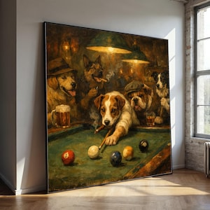 Puede incluir: Pintura enmarcada que representa perros jugando al billar en un bar con poca luz. Los perros, con cigarros, llevan sombreros y beben cerveza y whisky. La mesa de billar es verde y las bolas están numeradas. La obra tiene un estilo vintage y humorístico.