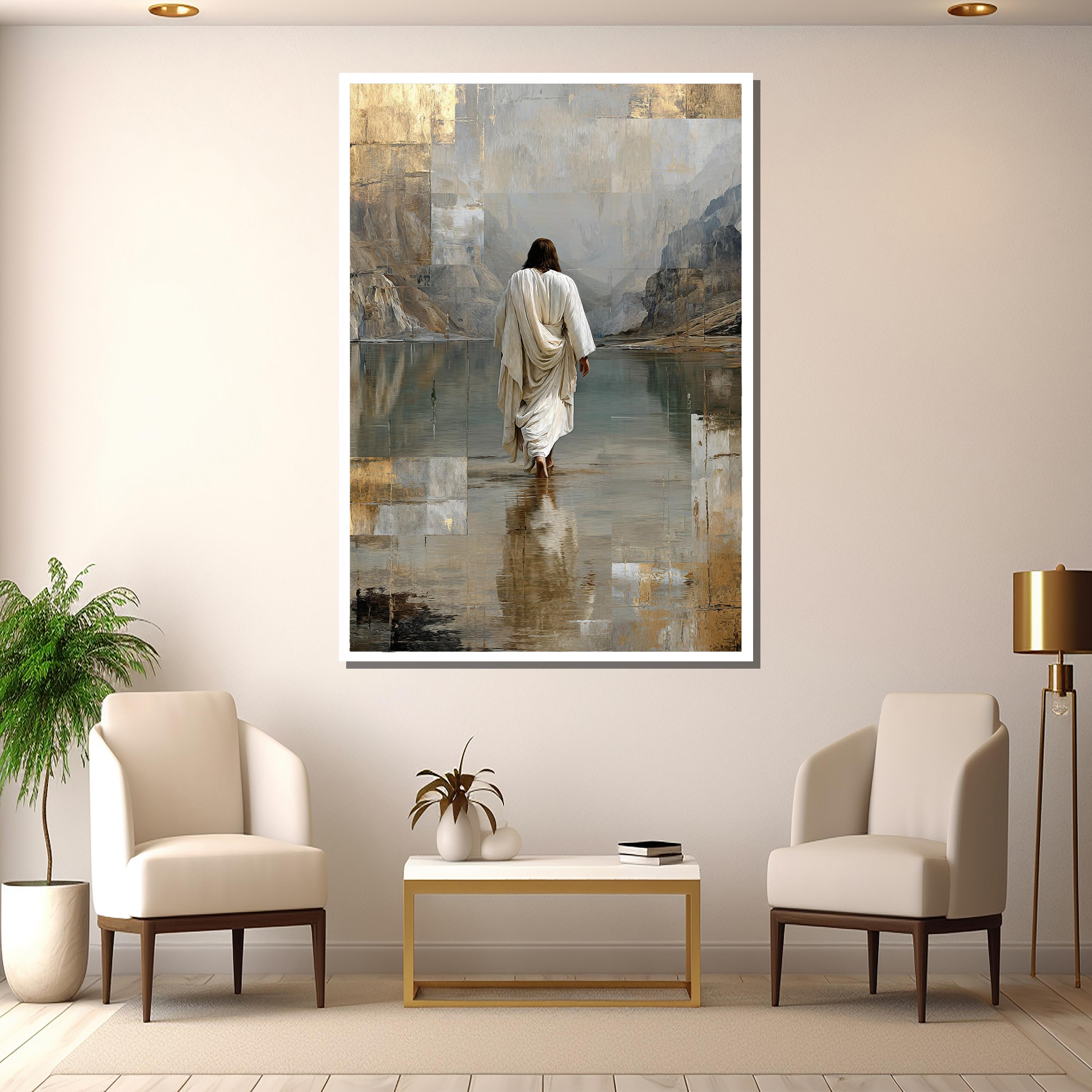 Jesus Walking on Water Canvas – Modern Golden Christian Wall Art, Large ...