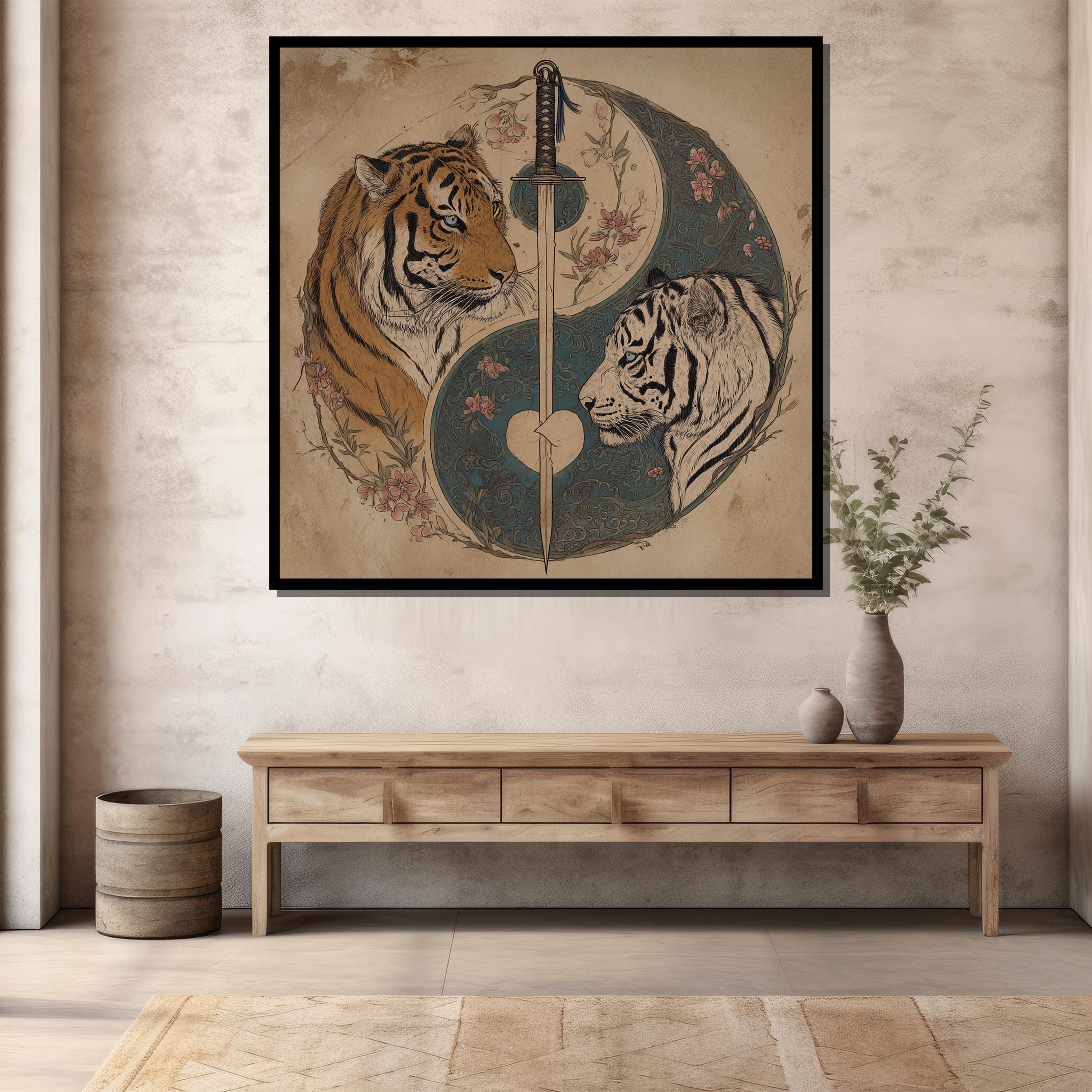 Yin Yang Tigers Canvas Painting – Dual Tiger Wall Art With Katana