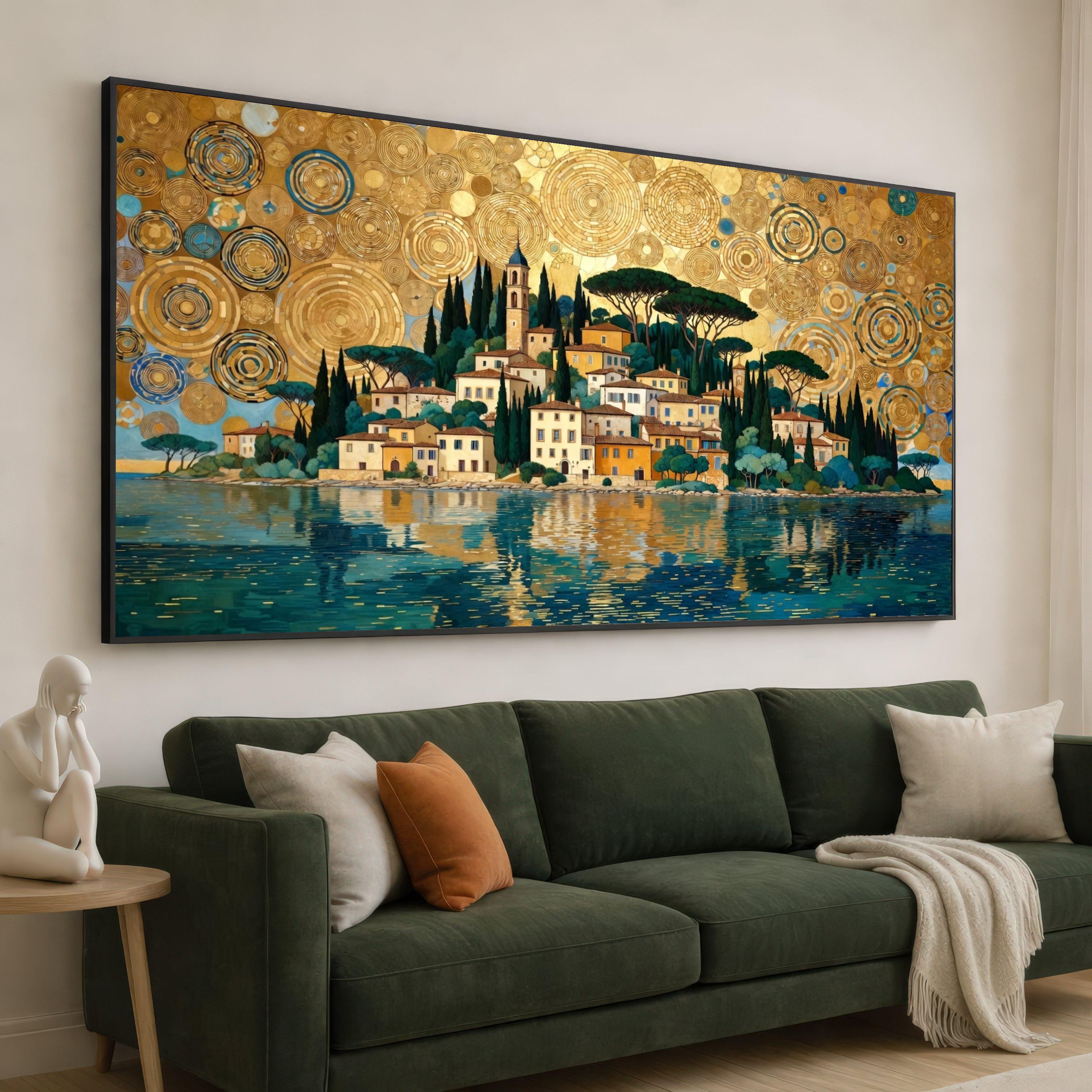 Gustav Klimt Coastal Village Canvas Wall Art, Golden Sky Landscape