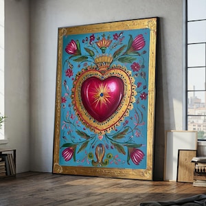 Sacred Heart Canvas Painting for Bedroom – Ready to Hang Colorful Folk Art, Unique Gift, Vibrant Religious and Spiritual Wall Decor