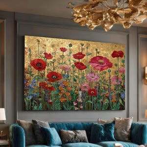 Cuadro floral de Gustav Klimt, amapolas rojas y rosas, pintura sobre fondo dorado, lámina botánica, elegante cuadro de gran tamaño para el hogar.