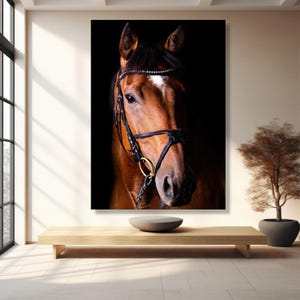 Majestic Horse Portrait Canvas, Equestrian Wall Art, Brown Horse Face Canvas, Extra Large Animal Canvas, Dramatic Black Background image 6