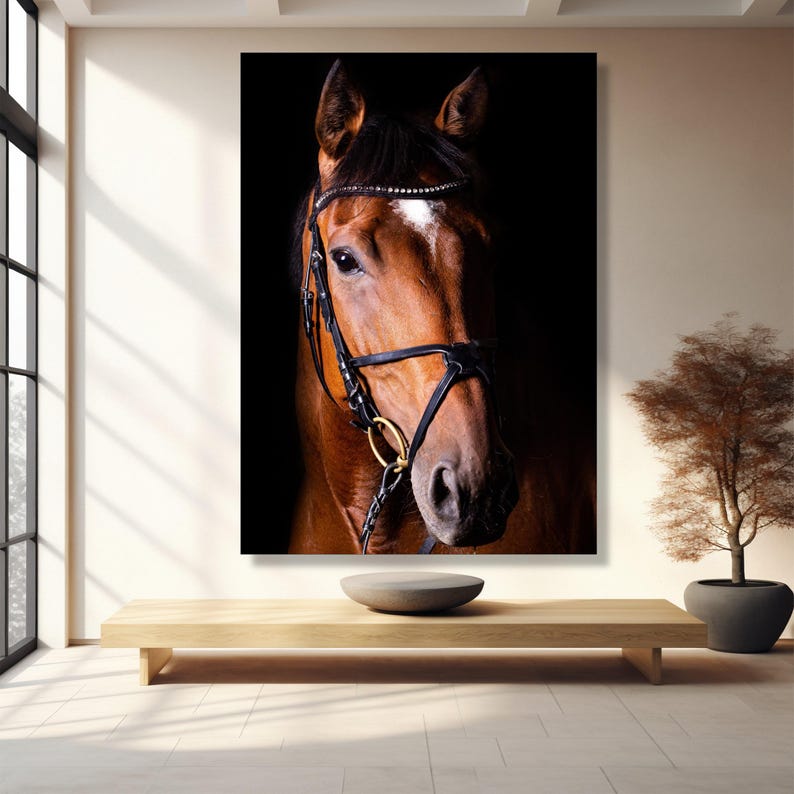 Majestic Horse Portrait Canvas, Equestrian Wall Art, Brown Horse Face Canvas, Extra Large Animal Canvas, Dramatic Black Background image 6