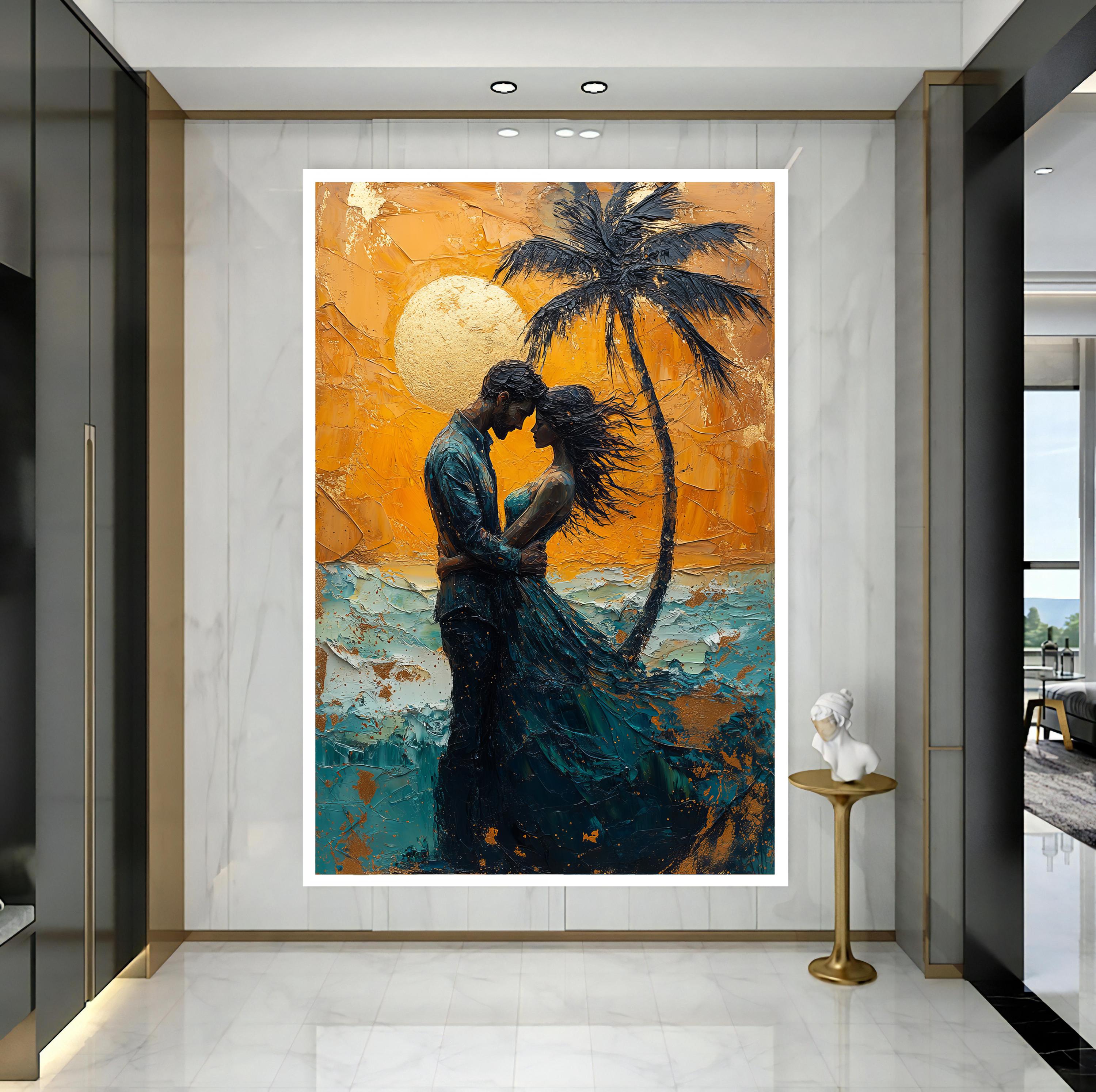 Romantic Couple Sunset Canvas Painting, Framed Wall Art