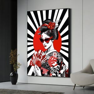 Stylish Modern Geisha Canvas Painting | Pop Art Red Sun Decor | Vibrant Japanese Fashion Gift for Home or Office