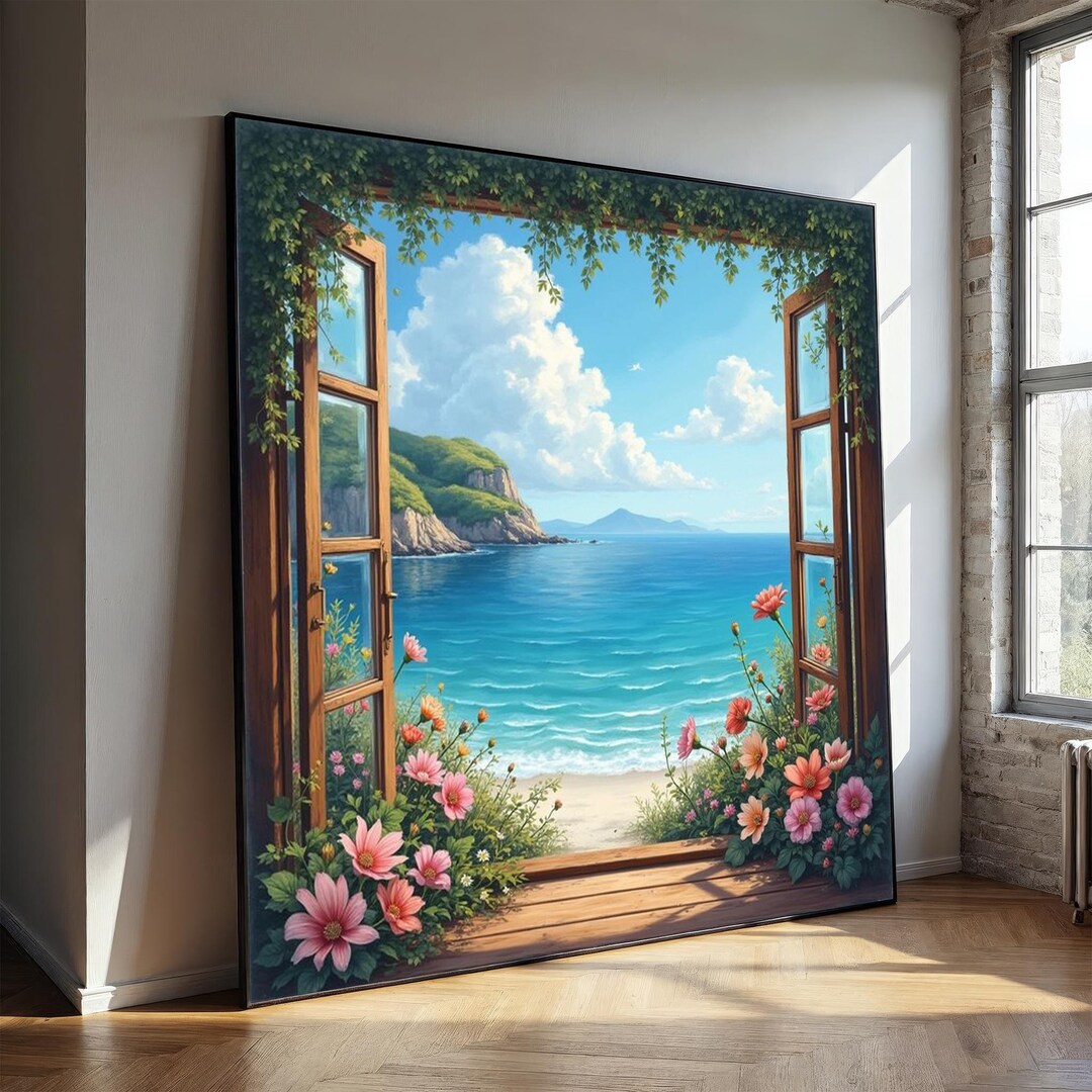 Tropical Ocean View Canvas Painting – Serene Seaside Window Art for ...