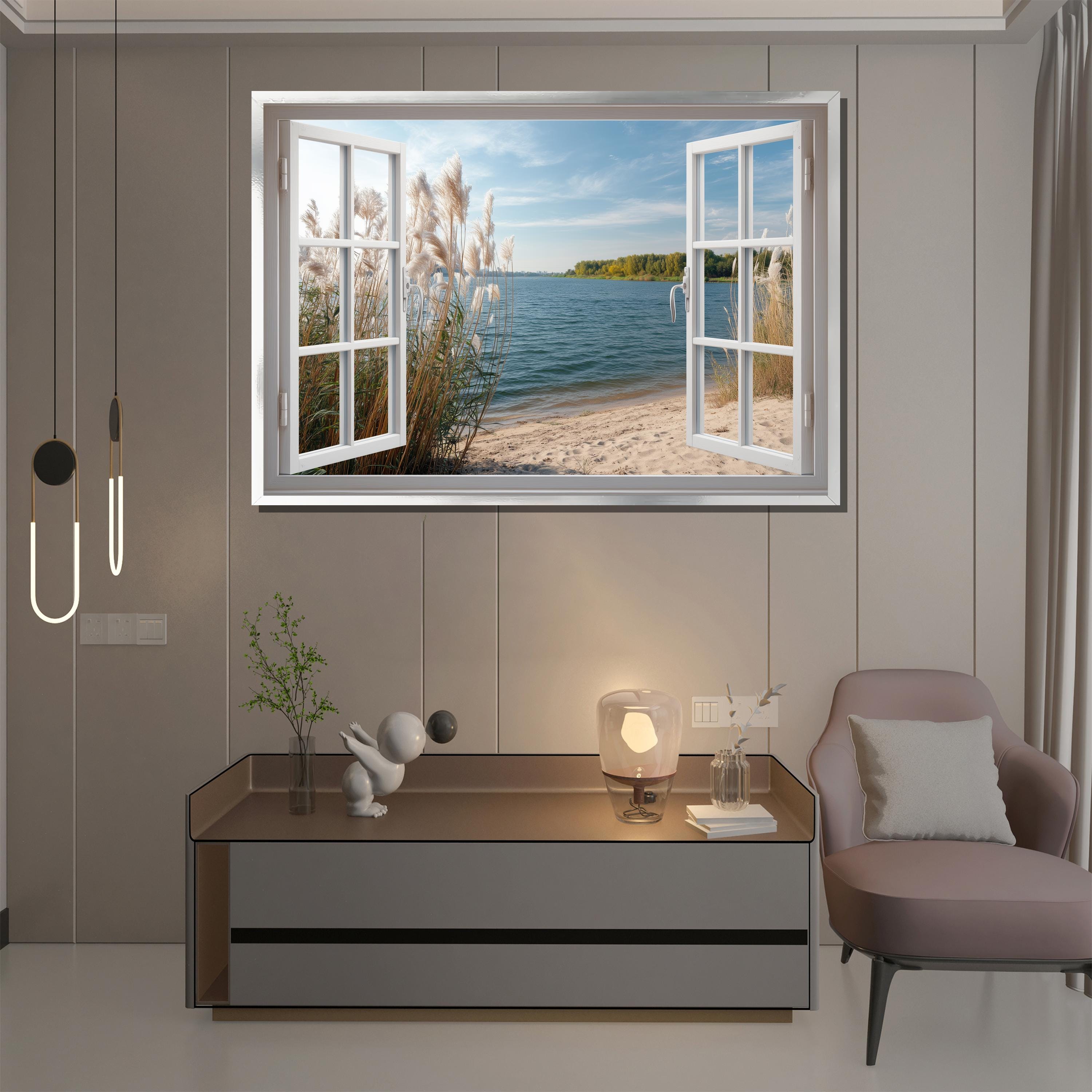 Open Window Beach View Canvas Painting – Serene Coastal Landscape Wall ...